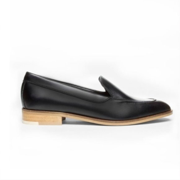EVERLANE The Modern Loafer Flats Black Matte Leather RARE White Heel Stripe Sz 7 - Picture 1 of 16